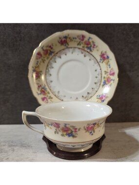 Vtg Gold Castle Hostess 1940s Teacup & Footed Saucer - Pink Rose Gilt - Japan